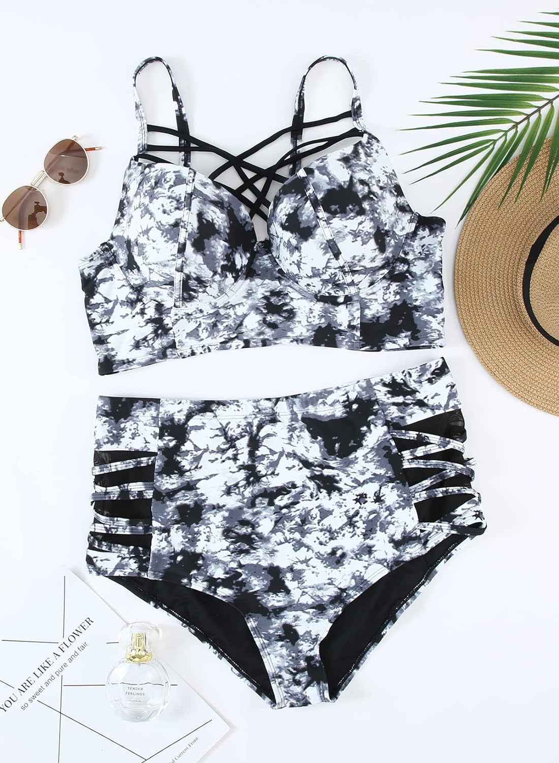 Womens plus Size Strappy Push up Floral Printed High Waisted Swimsuit Bikini Set 2 Piece Bathing Suit Swimwear Black 1X