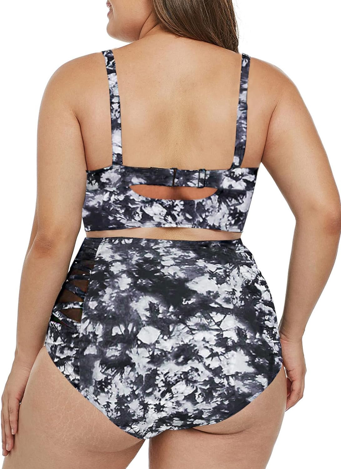 Womens plus Size Strappy Push up Floral Printed High Waisted Swimsuit Bikini Set 2 Piece Bathing Suit Swimwear Black 1X